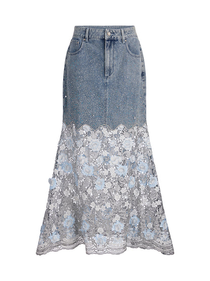 Rhinestone Lace-Panel Denim Skirt