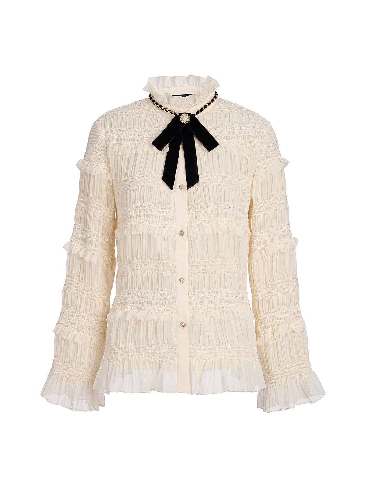 Textured Pleated Ruffle Blouse (Detachable Ribbon Tie Included)
