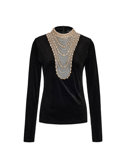Hand-Beaded Crystal Chain Velvet Top