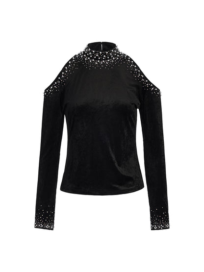 Velvet Cold-Shoulder Beaded Rhinestone Top