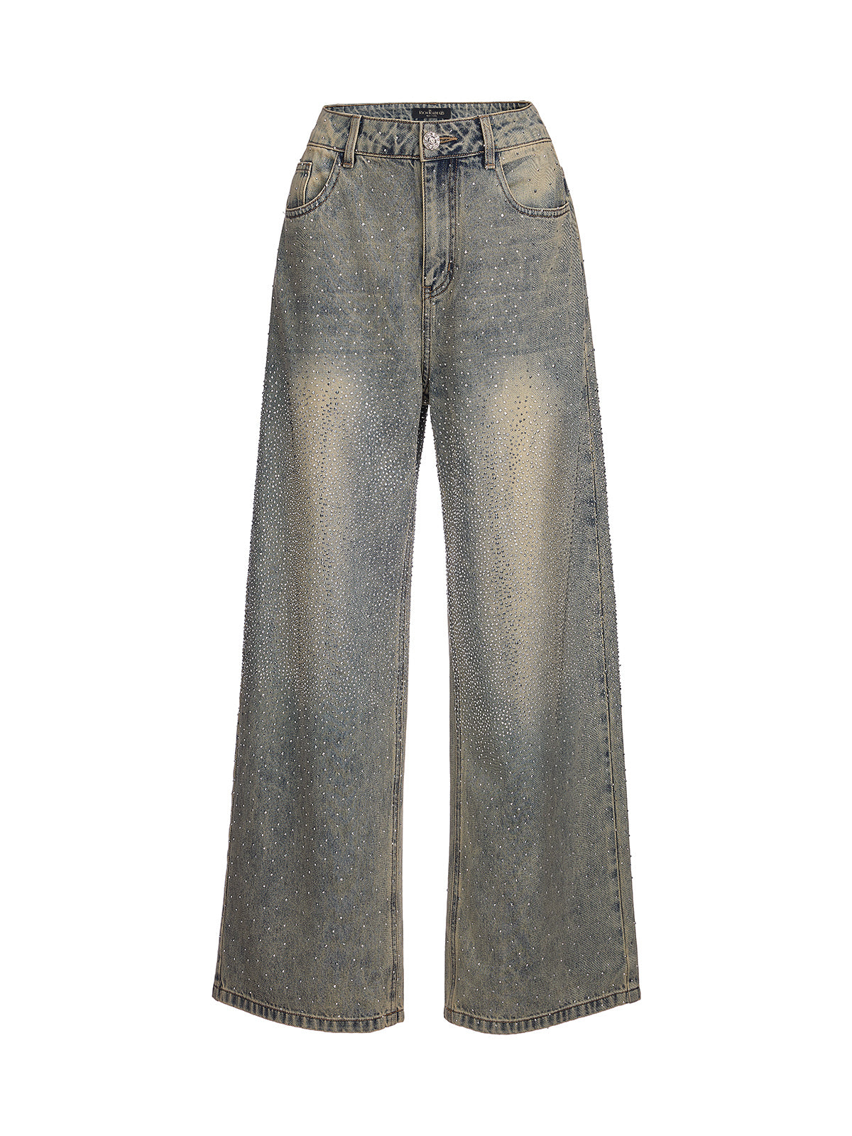 Rhinestone Washed Denim Straight-Leg Pants