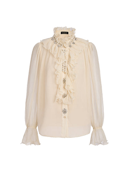 Ruffled Stand Collar Beaded Shirt