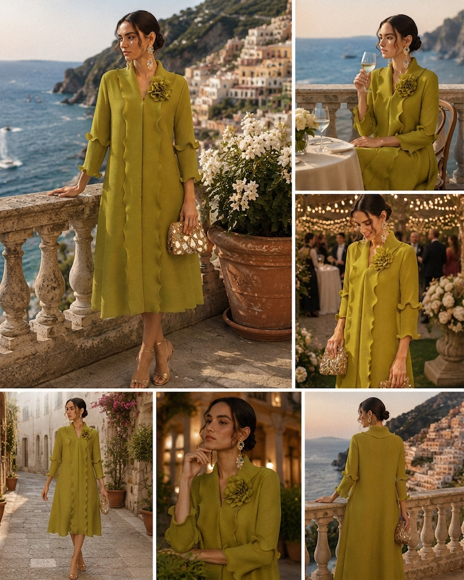 Ruffle Pleated Floral Brooch 3/4-Sleeve Gown