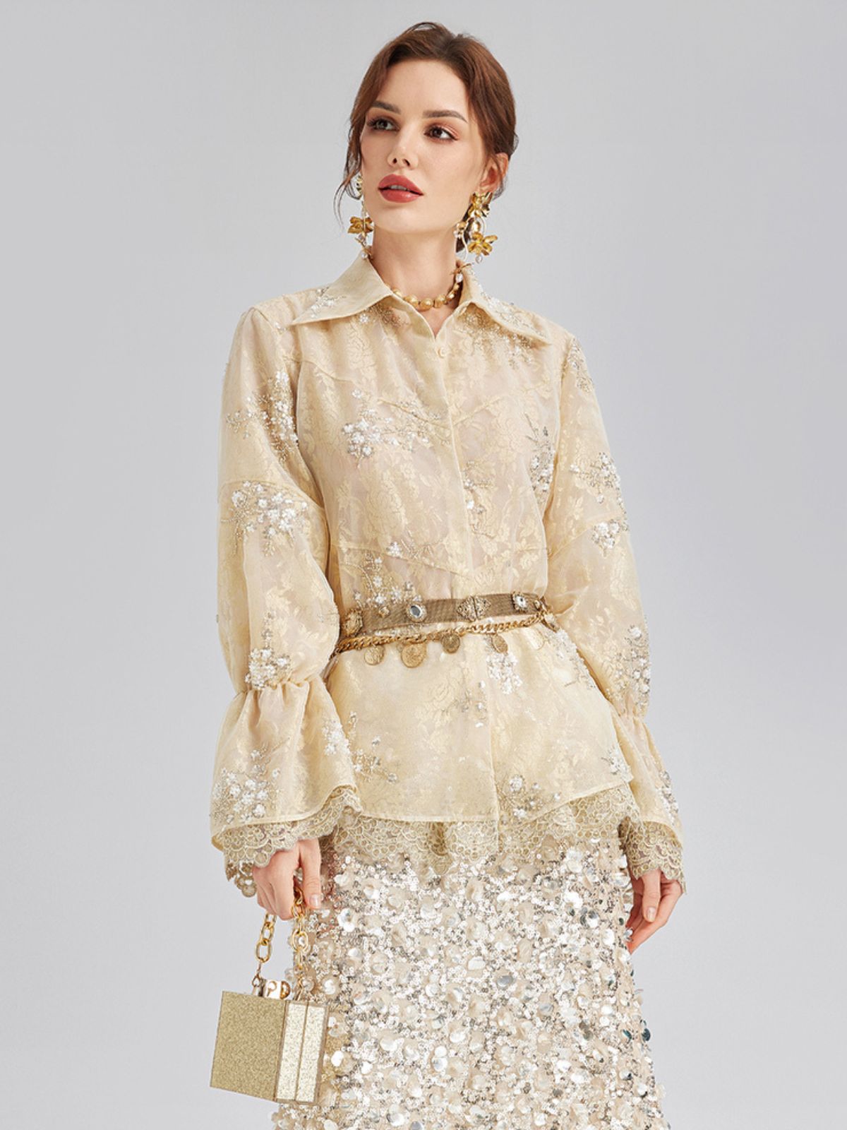 Sequin Bead Embroidered Organza Blouse