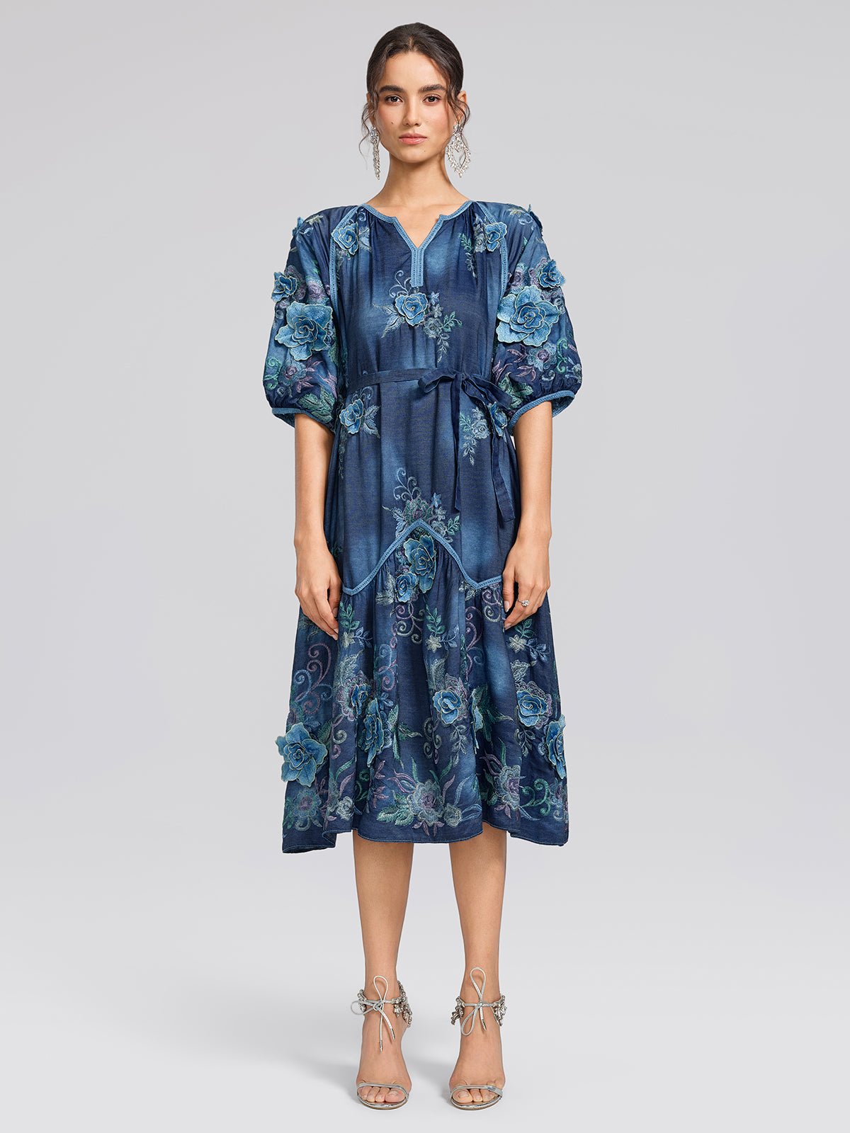 3D Hand-Embroidered Floral Dyed Dress
