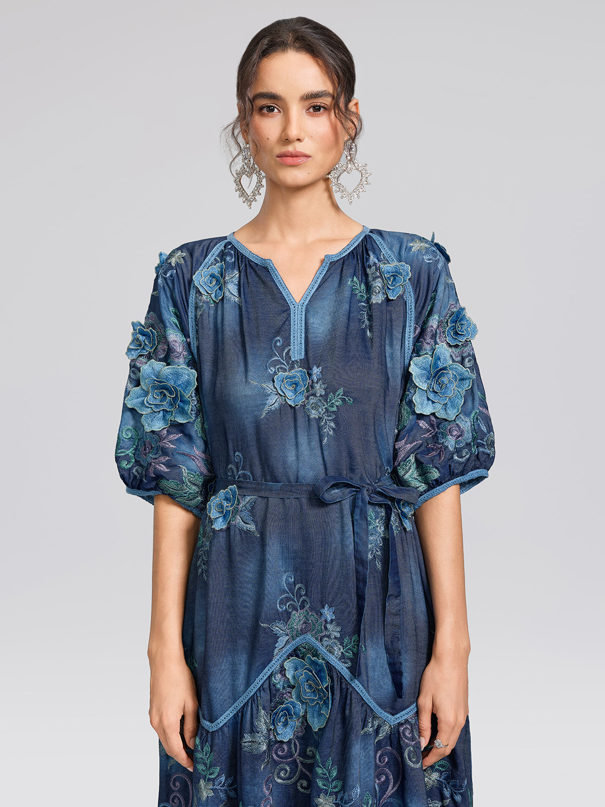 3D Hand-Embroidered Floral Dyed Dress