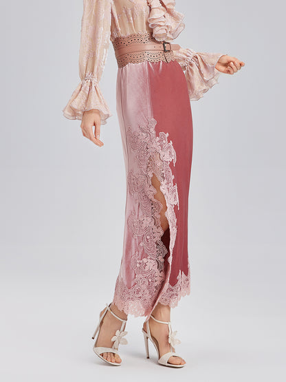 French Lace Velvet Skirt with Slit