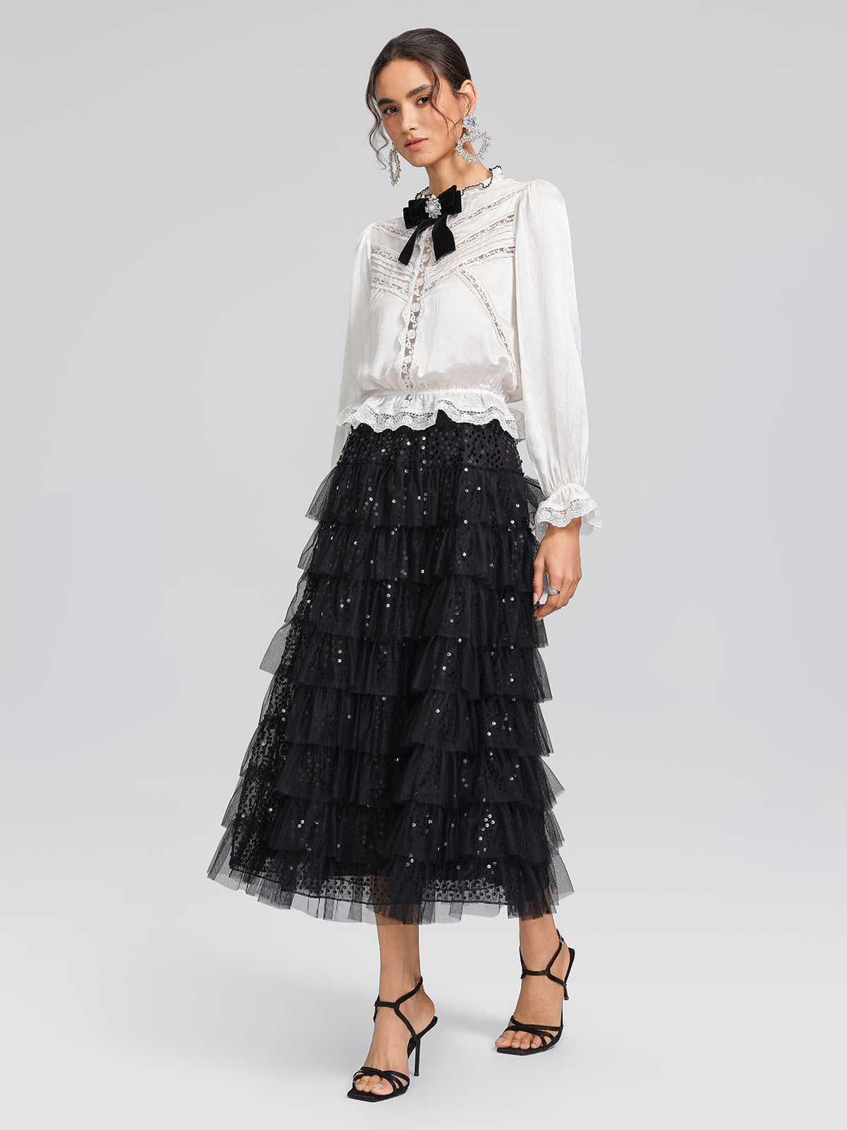 Pearl Satin Lace Panel Bow Shirt