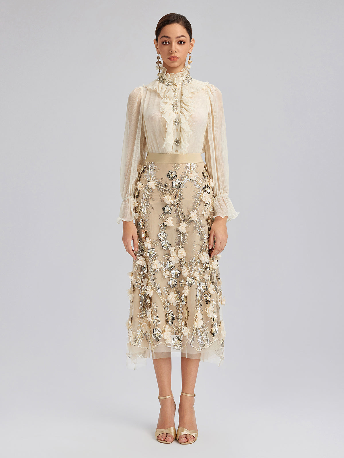 Sequin Floral Embroidery Elastic Fishtail Skirt