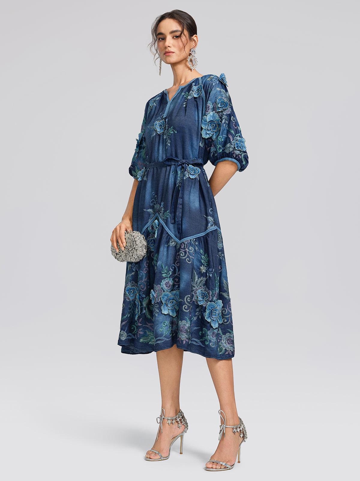3D Hand-Embroidered Floral Dyed Dress