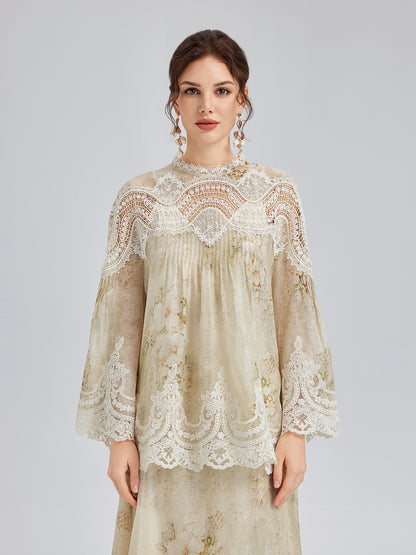 Silk-Linen Baroque Lace Blouse
