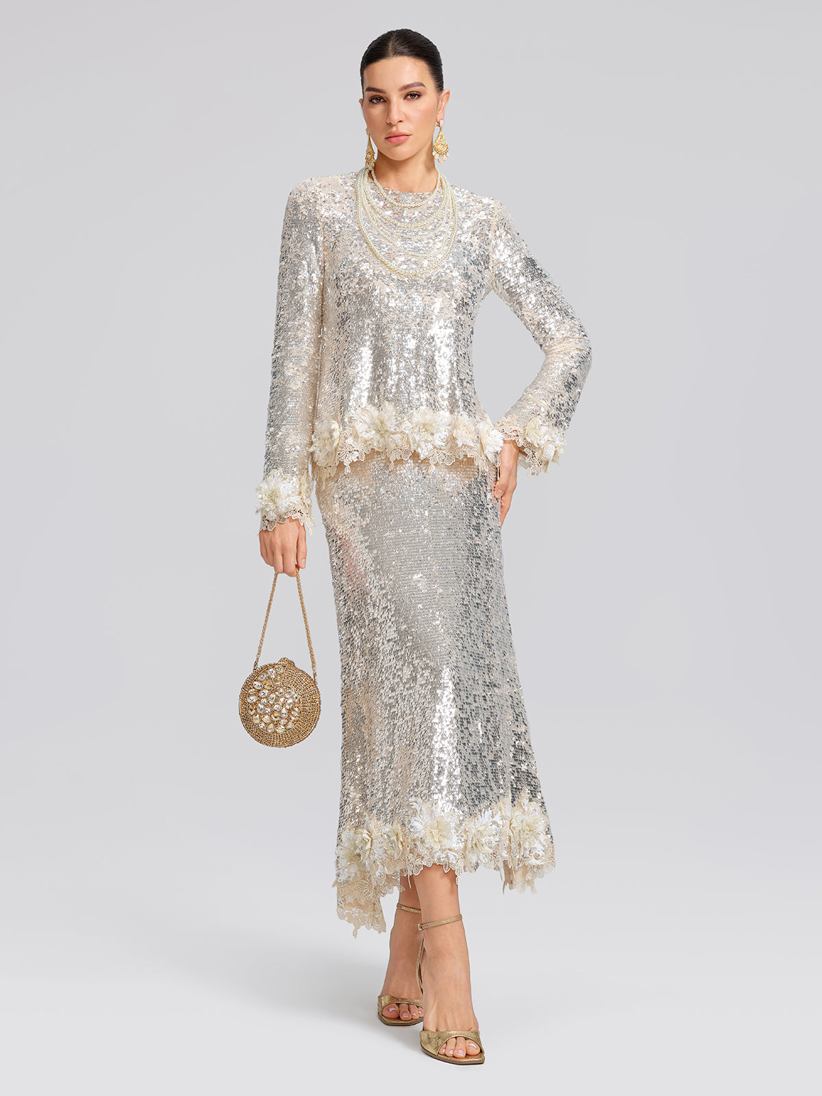 Sequin Hand-Cut Floral Lace Trim Top