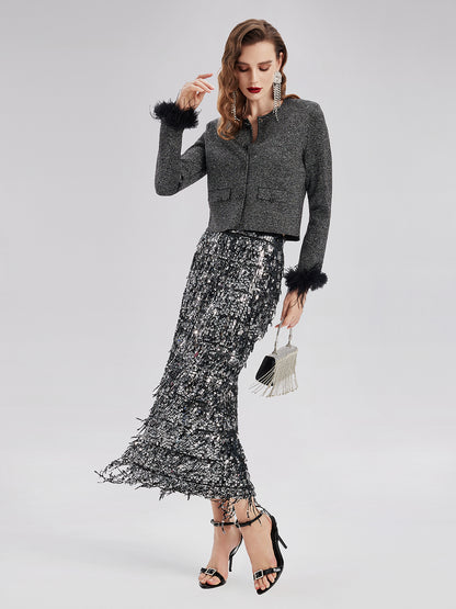 Luxurious Removable Feather Wool Knit Jacket