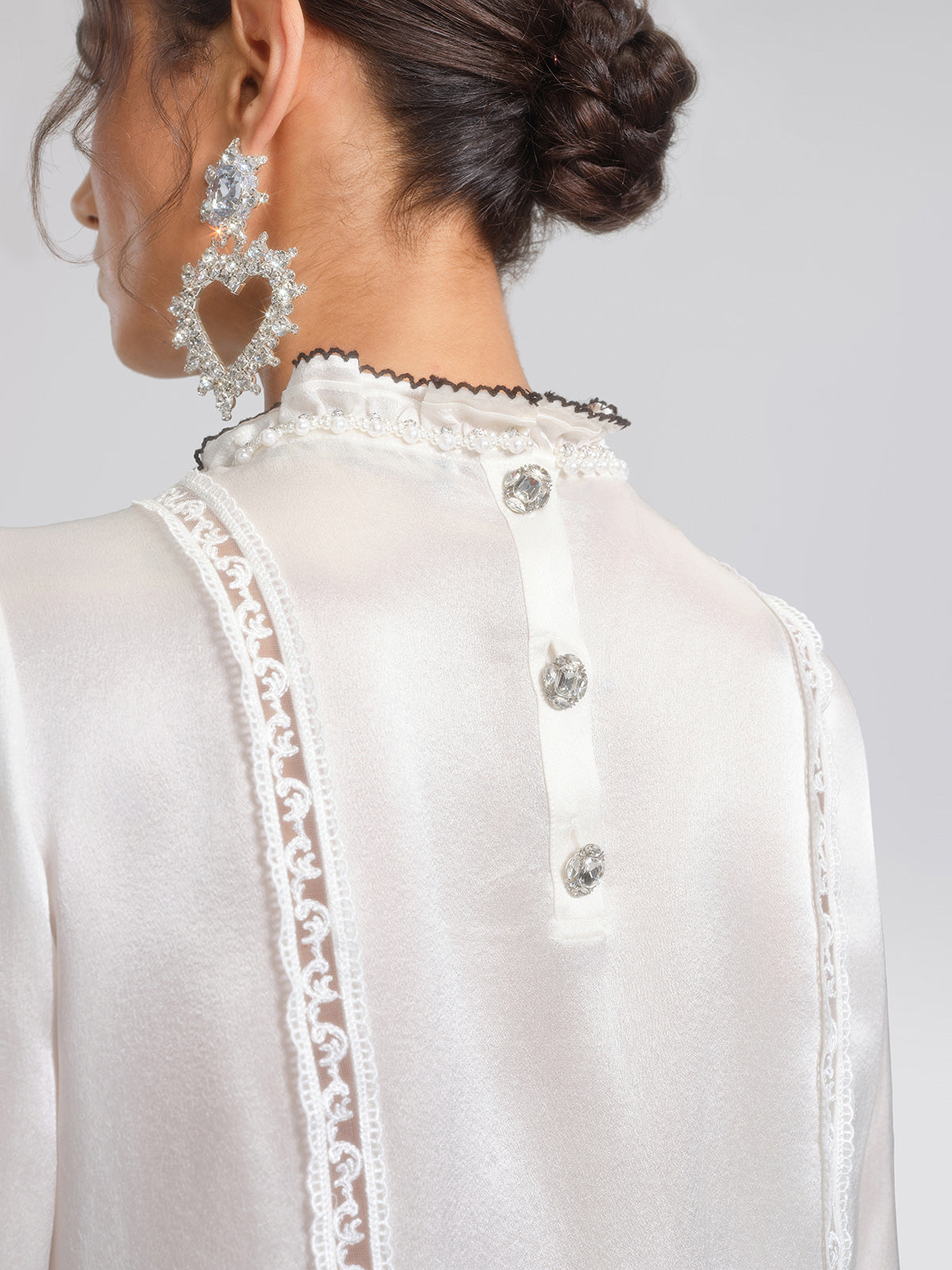 Pearl Satin Lace Panel Bow Shirt