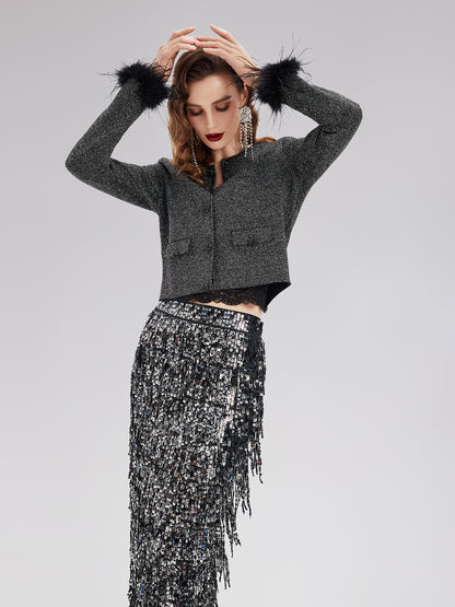 Luxurious Removable Feather Wool Knit Jacket