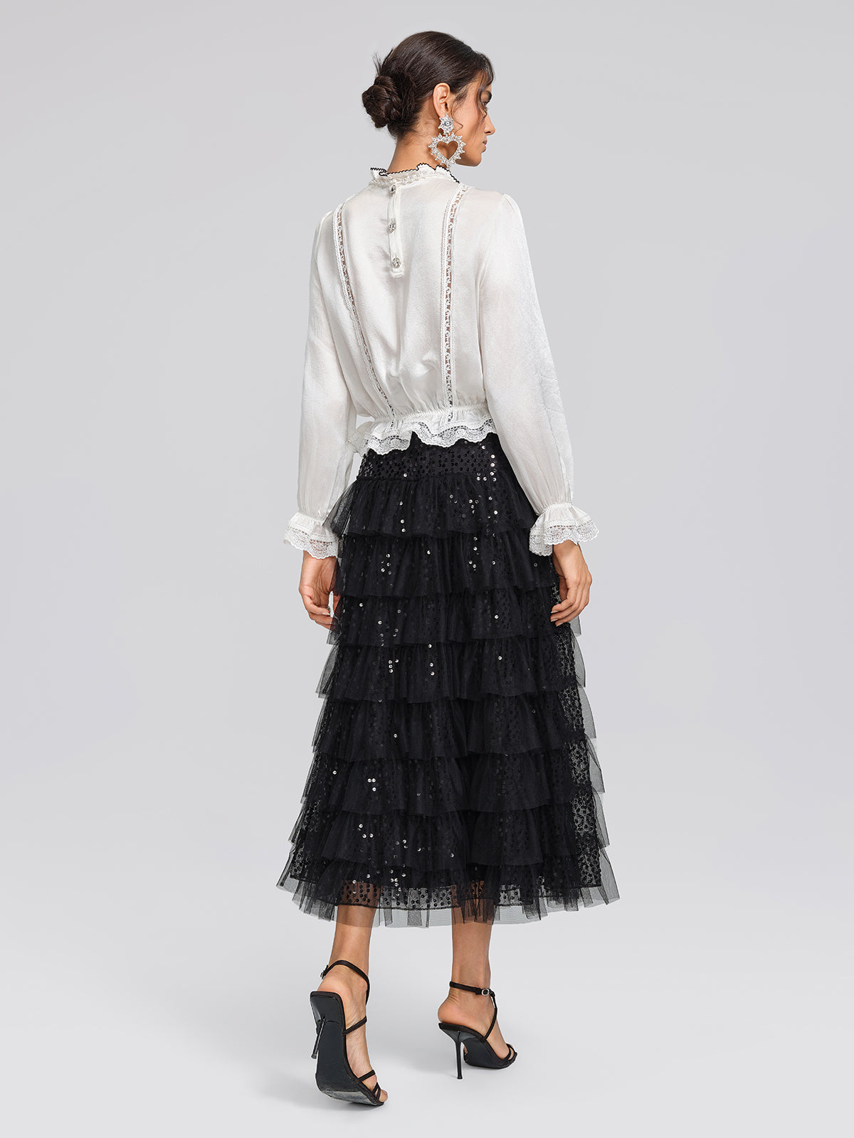 Pearl Satin Lace Panel Bow Shirt