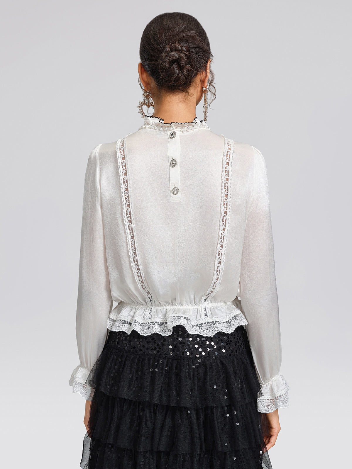 Pearl Satin Lace Panel Bow Shirt