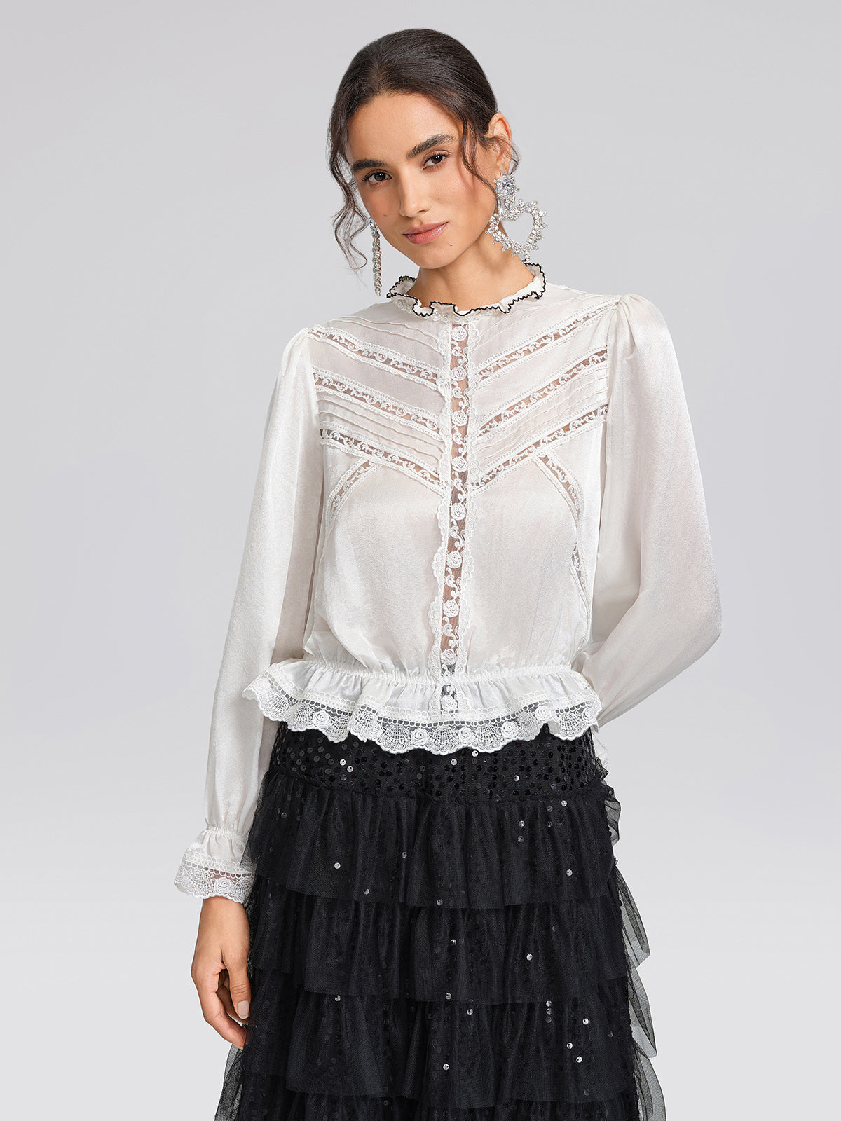 Pearl Satin Lace Panel Bow Shirt