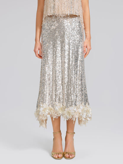 Sequin Mermaid Lace Trim Elastic-Waist Skirt