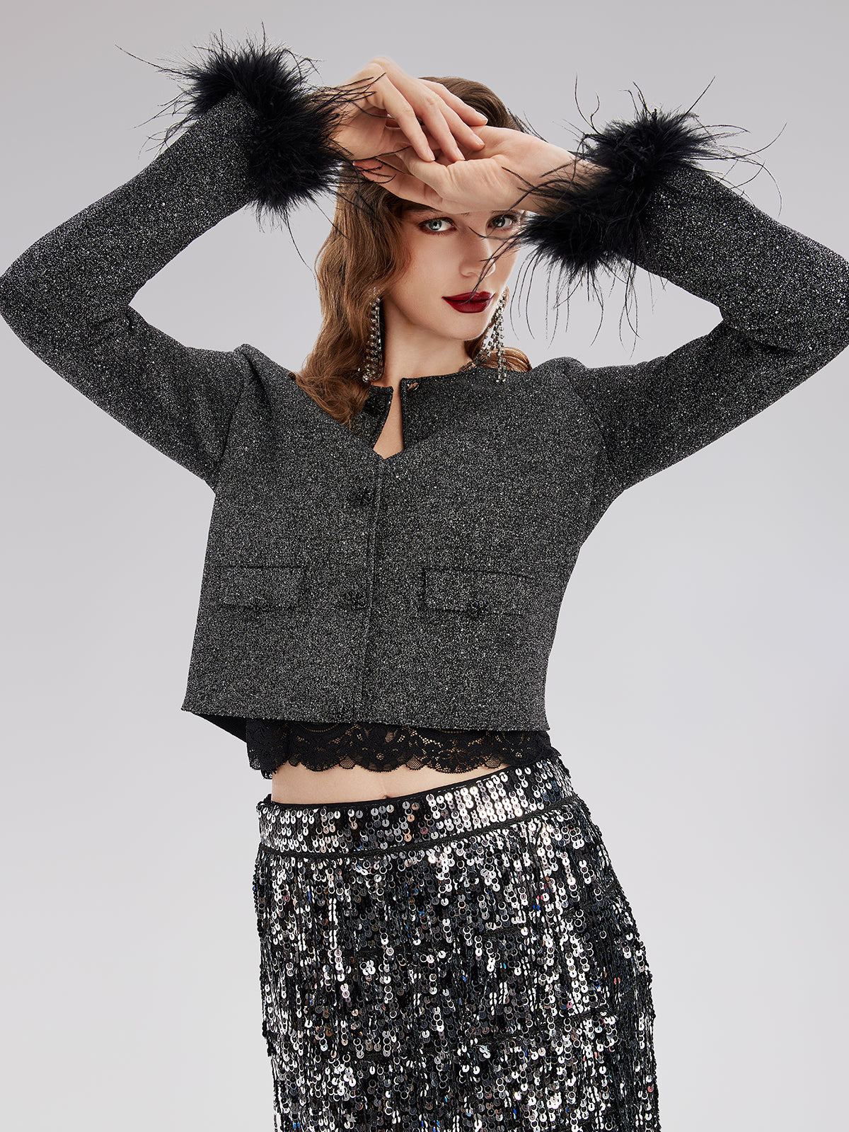 Luxurious Removable Feather Wool Knit Jacket