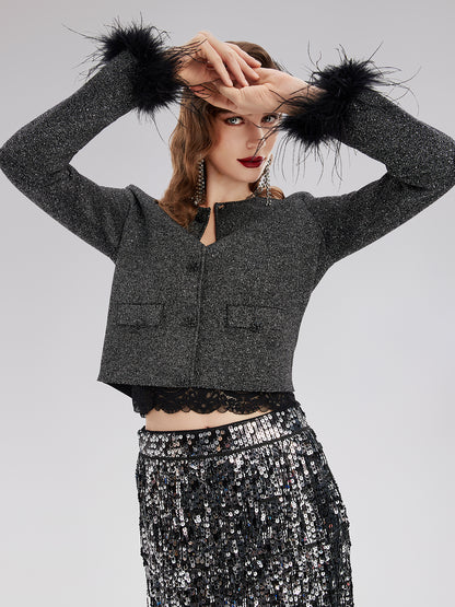 Luxurious Removable Feather Wool Knit Jacket