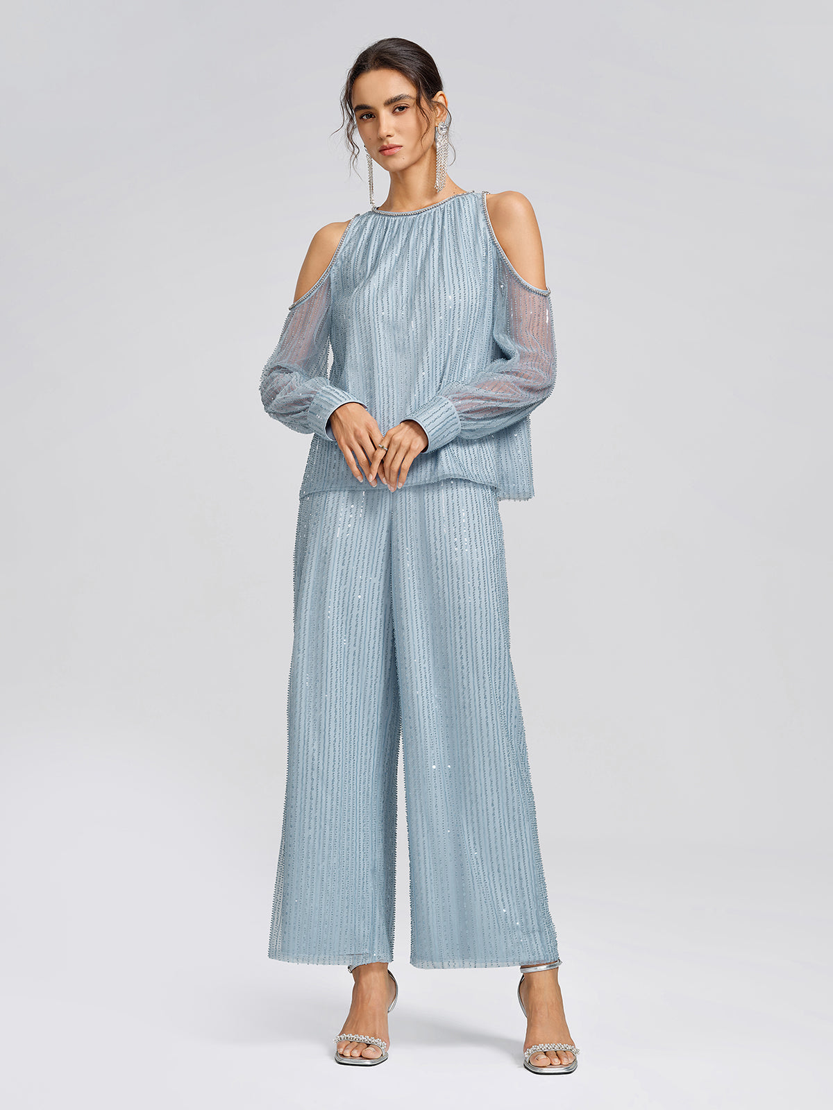 Beaded Mesh Cold Shoulder Blouse