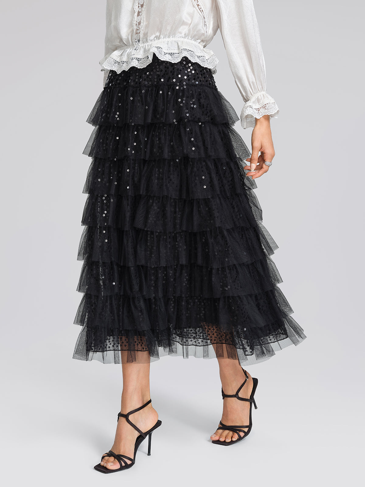 Sequin Mesh Tiered Skirt