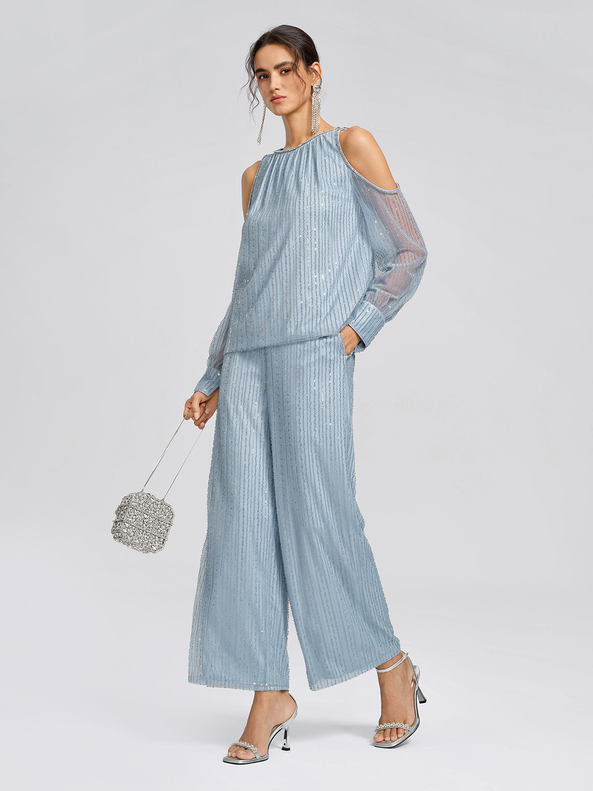 Beaded Mesh Cold Shoulder Blouse