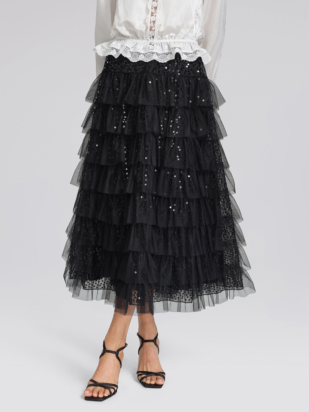 Sequin Mesh Tiered Skirt
