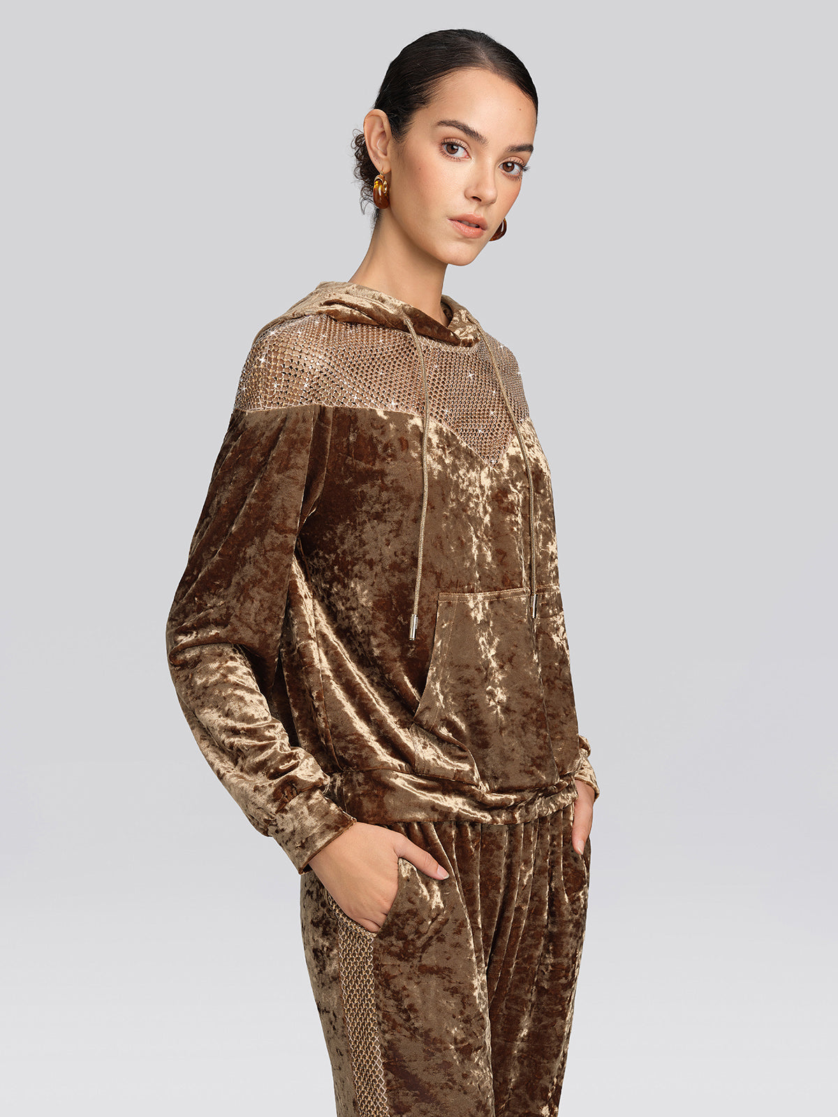 Velvet Rhinestone Mesh Hoodie Set