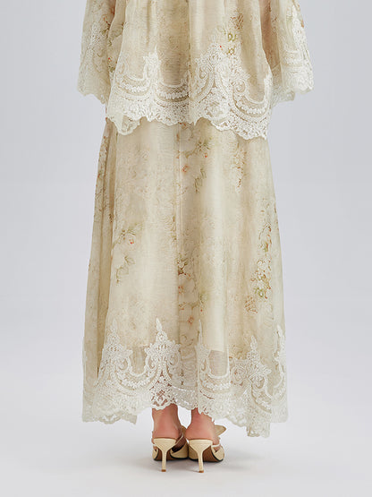 Silk-Linen Baroque Lace Skirt