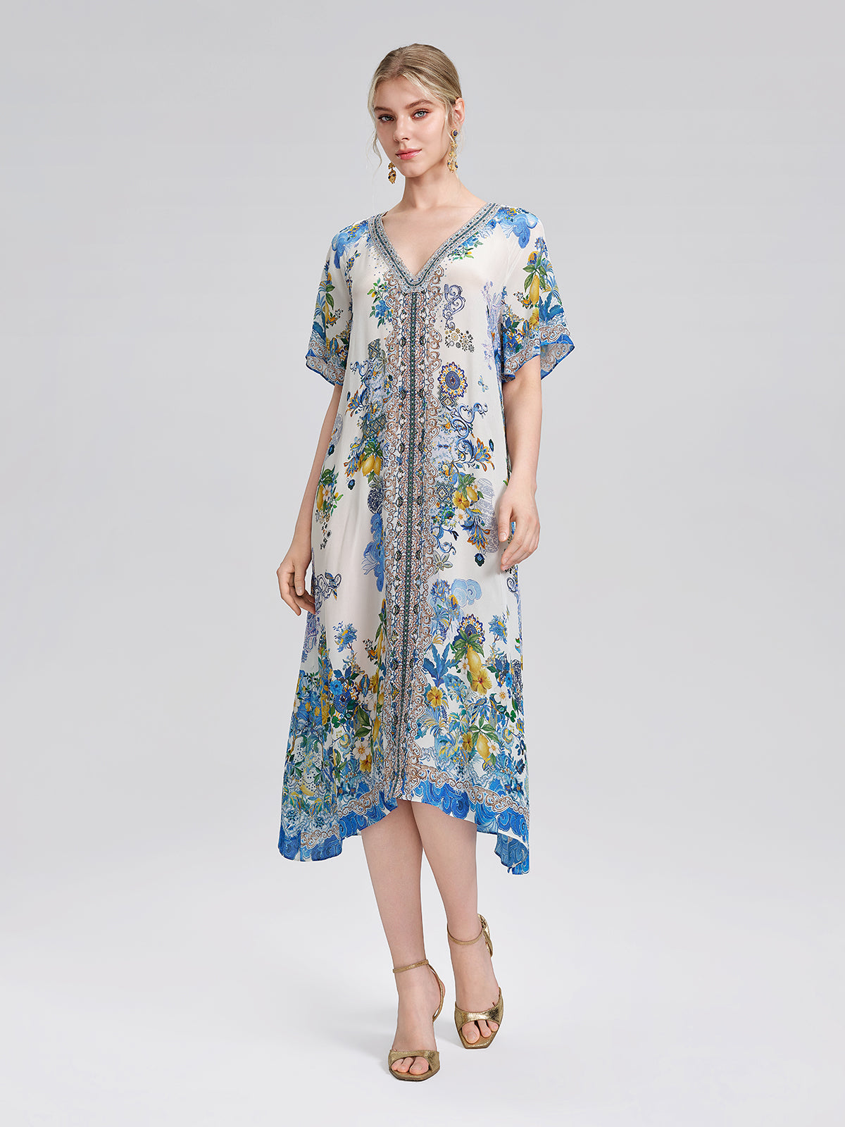 100% Silk Allover Print Rhinestone Dress (Waist Tie Included)
