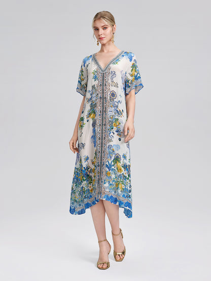 100% Silk Allover Print Rhinestone Dress (Waist Tie Included)