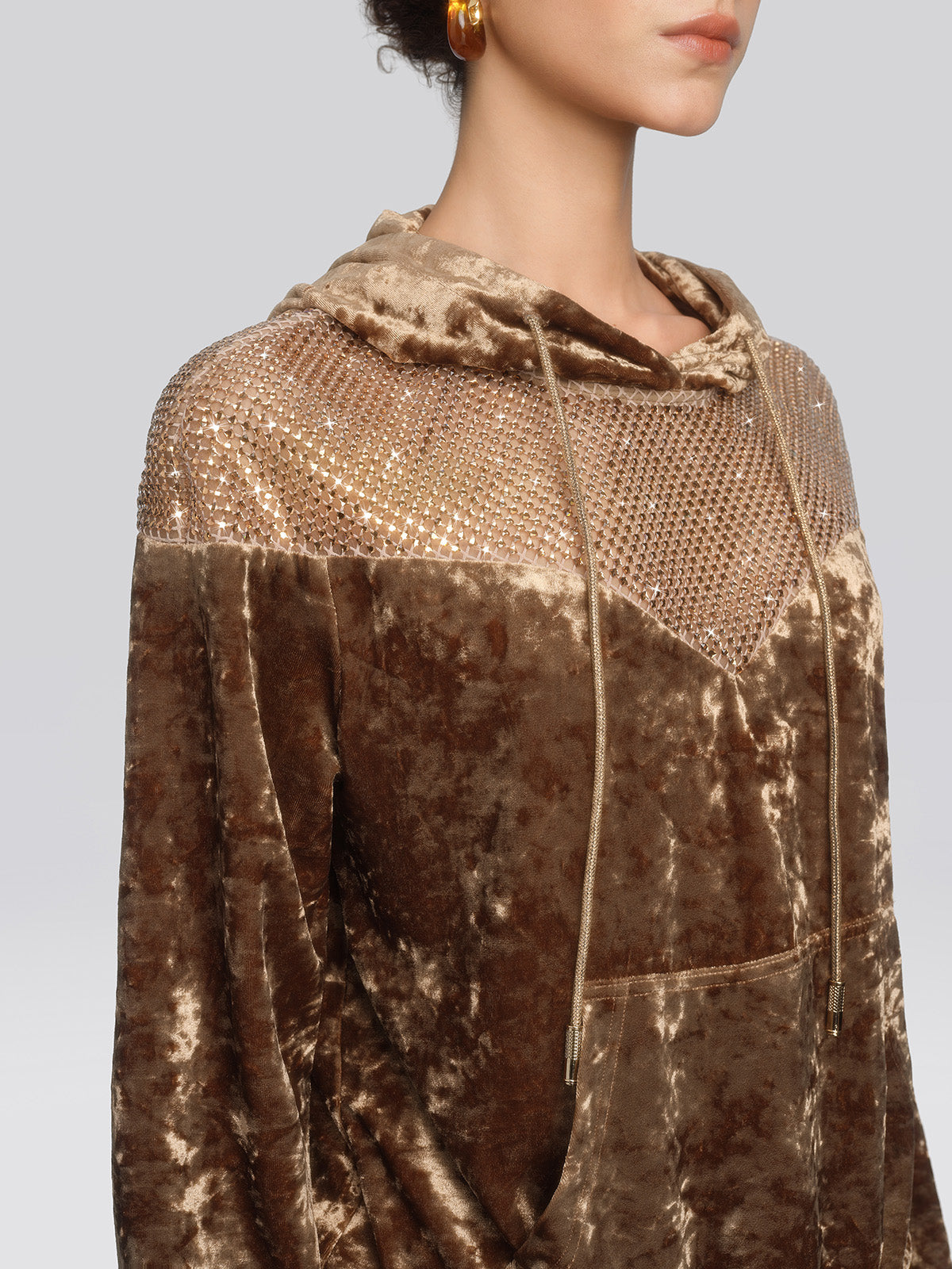 Velvet Rhinestone Mesh Hoodie Set