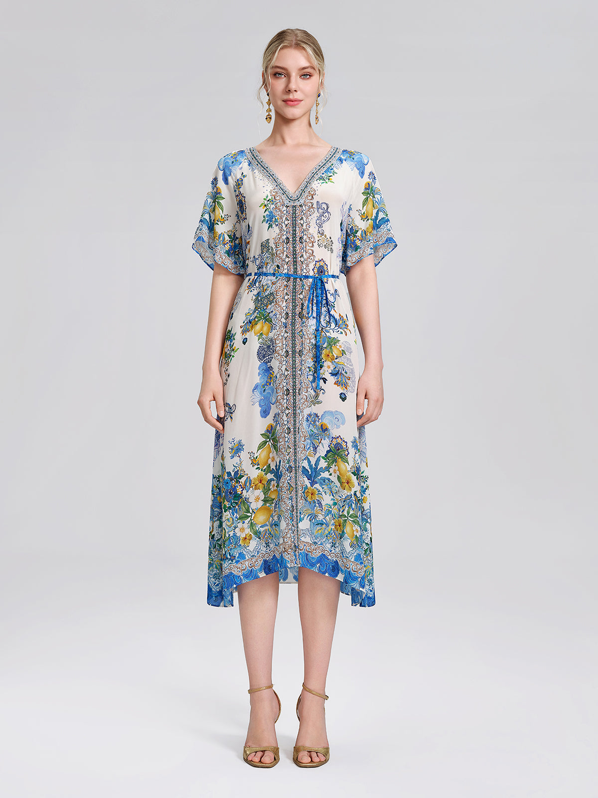 100% Silk Allover Print Rhinestone Dress (Waist Tie Included)