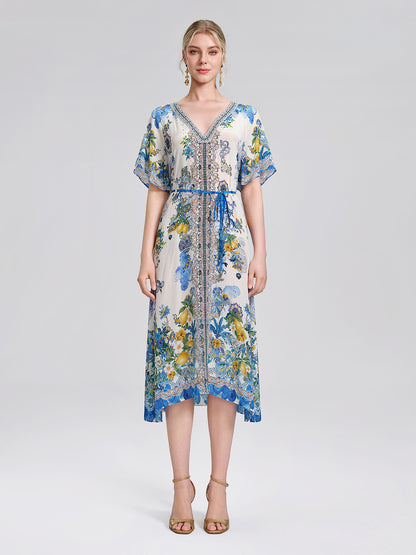 100% Silk Allover Print Rhinestone Dress (Waist Tie Included)