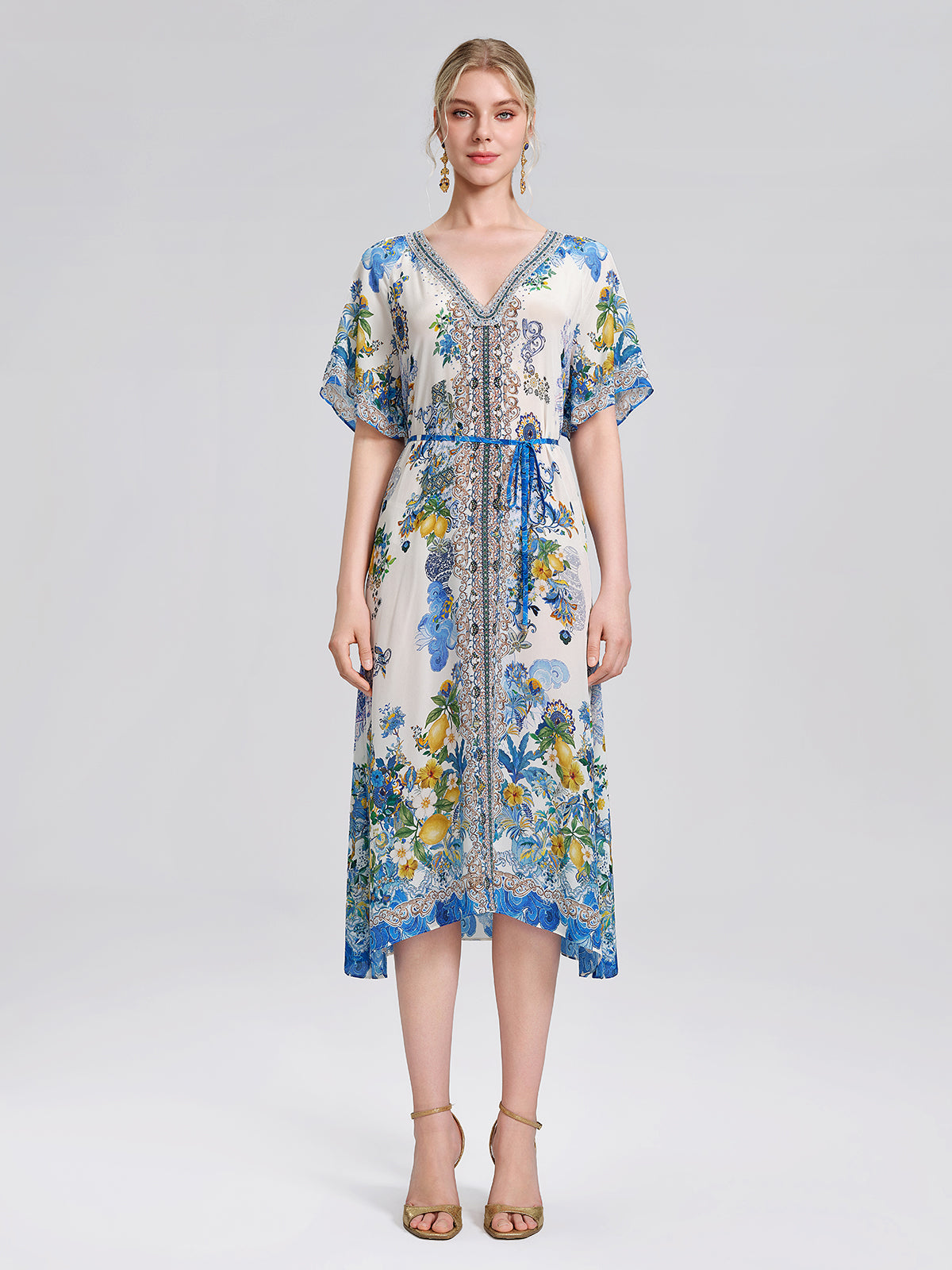 100% Silk Allover Print Rhinestone Dress (Waist Tie Included)