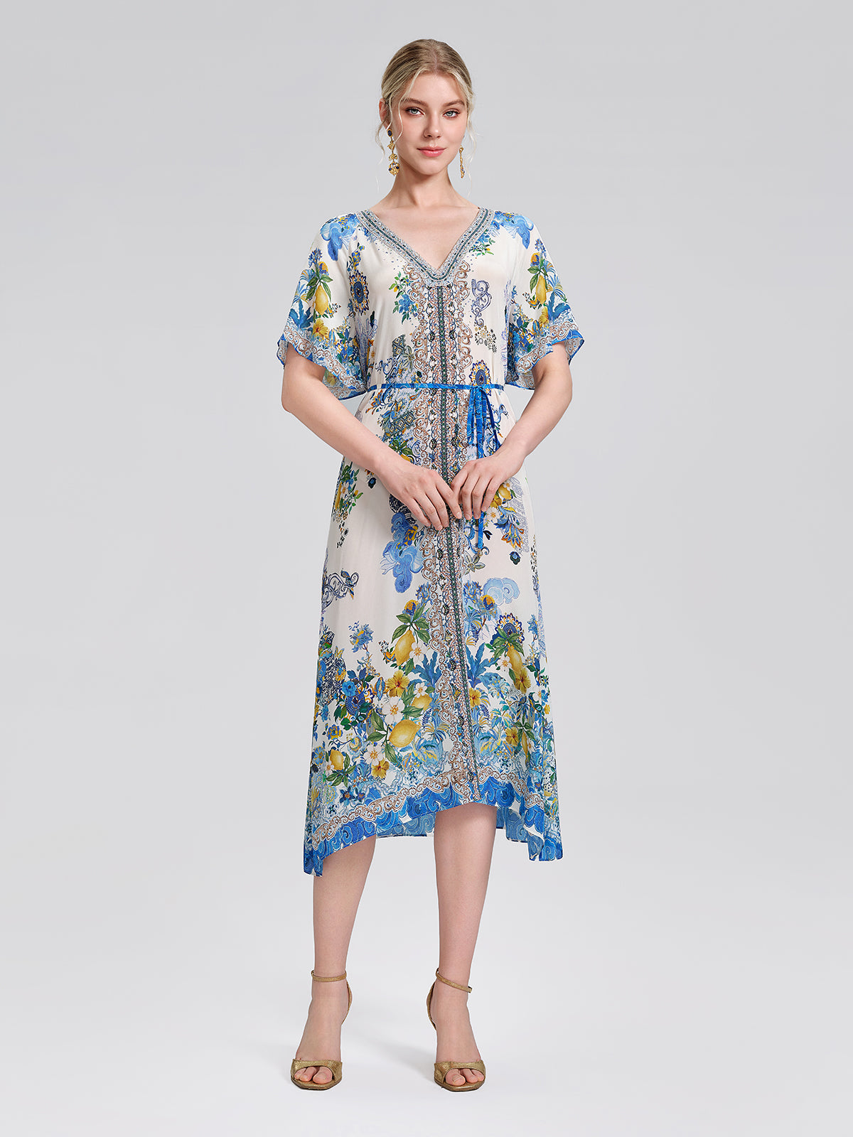 100% Silk Allover Print Rhinestone Dress (Waist Tie Included)