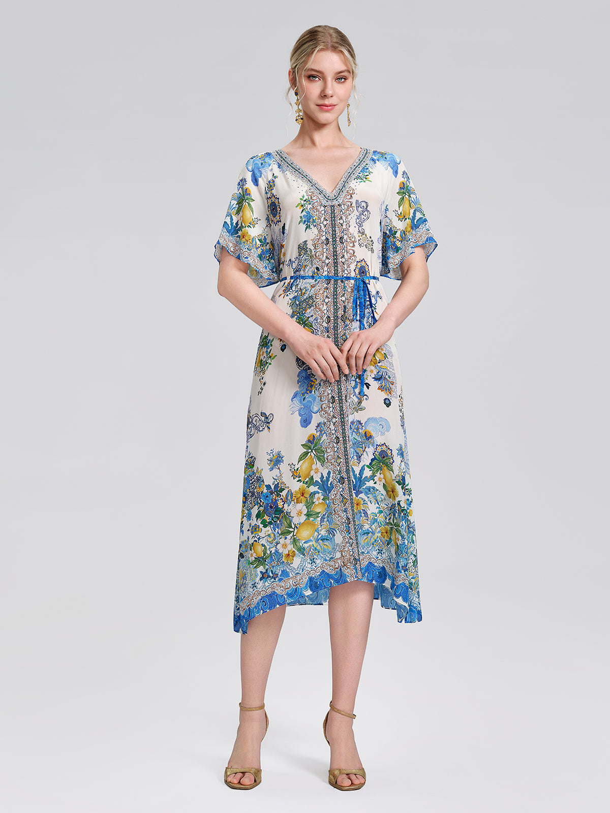 100% Silk Allover Print Rhinestone Dress (Waist Tie Included)