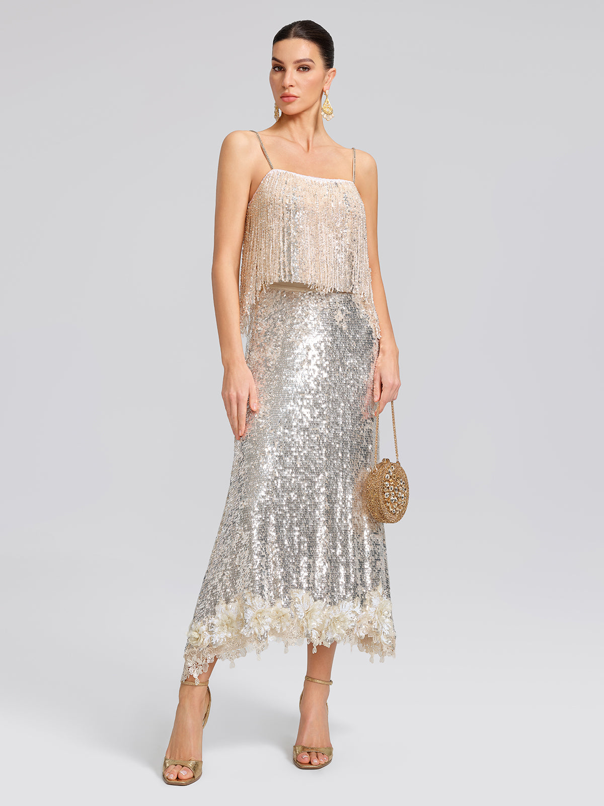 Sequin Mermaid Lace Trim Elastic-Waist Skirt
