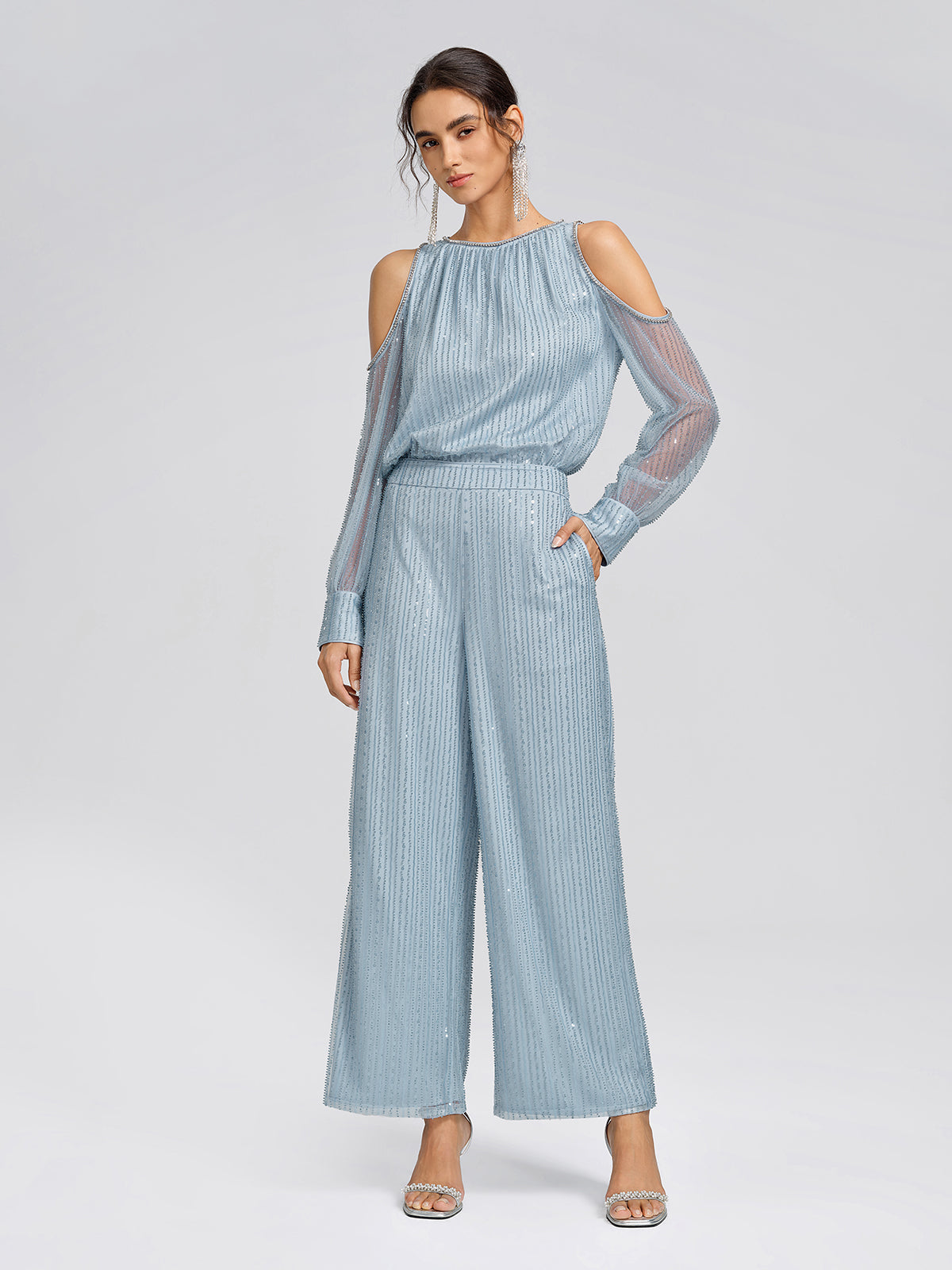 Beaded Mesh Cold Shoulder Blouse