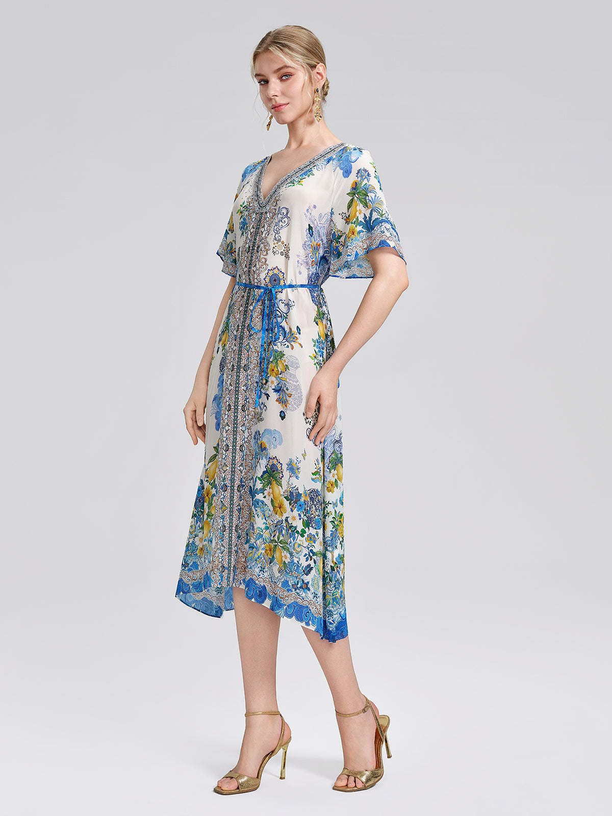100% Silk Allover Print Rhinestone Dress (Waist Tie Included)