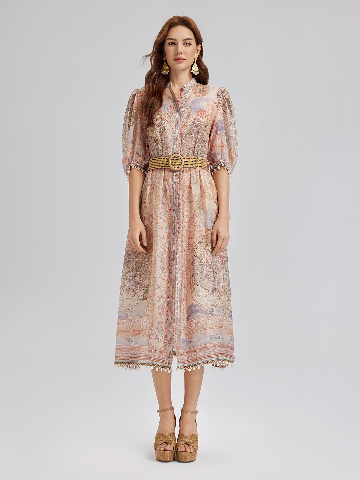 Linen Map Print Breathable Baroque Dress
