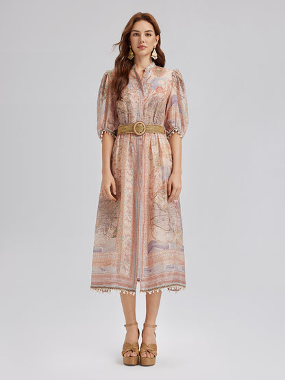 Linen Map Print Breathable Baroque Dress