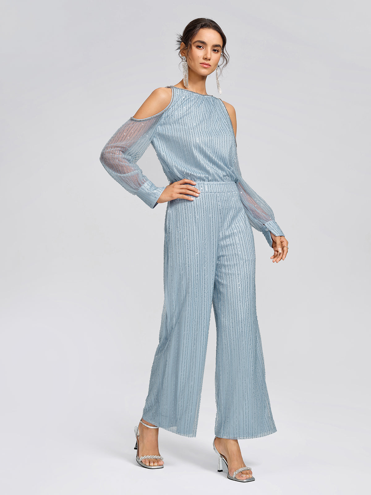 Beaded Mesh Cold Shoulder Blouse