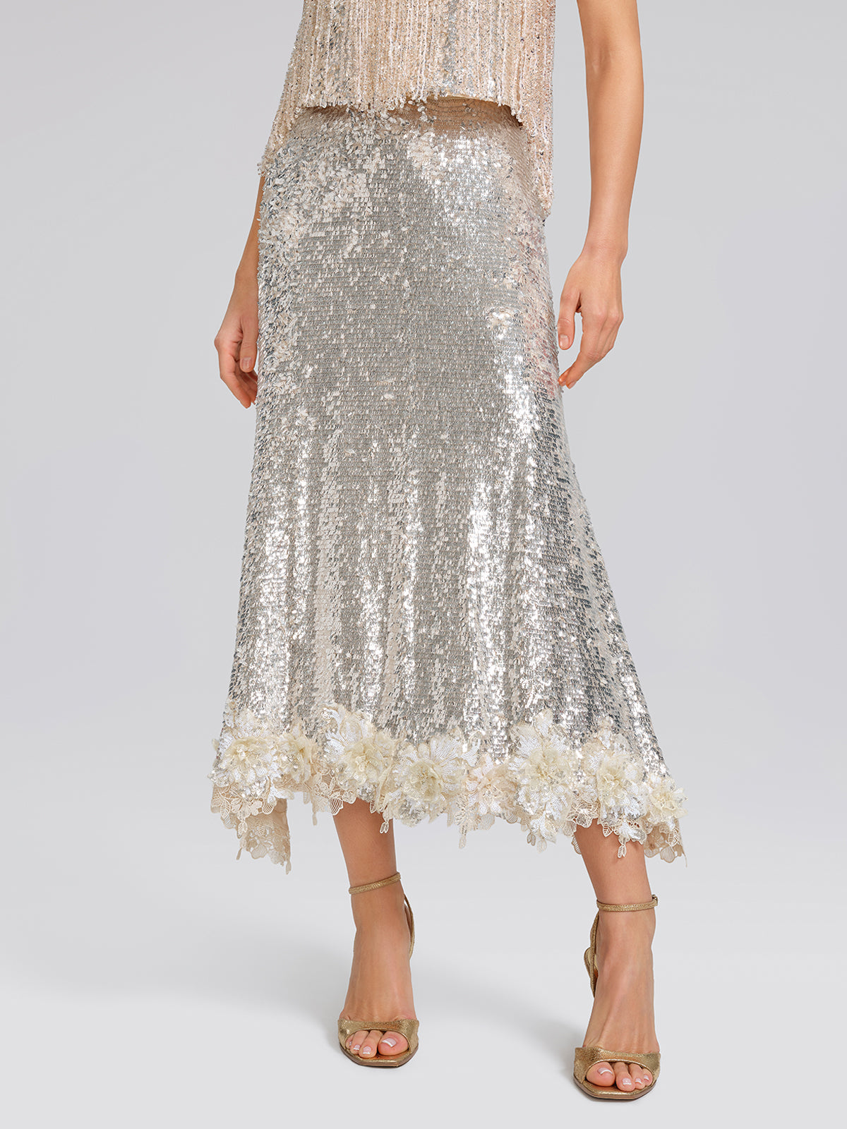 Sequin Mermaid Lace Trim Elastic-Waist Skirt