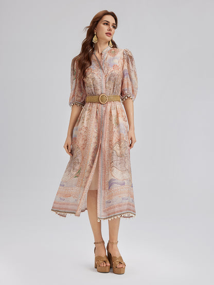 Linen Map Print Breathable Baroque Dress