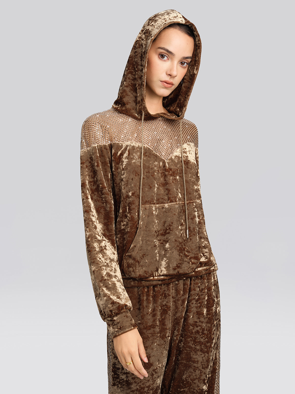 Velvet Rhinestone Mesh Hoodie Set