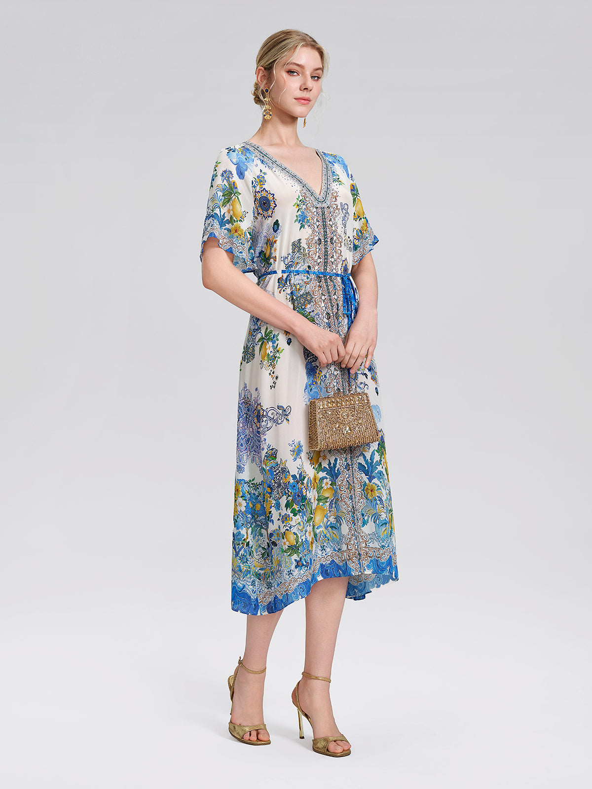100% Silk Allover Print Rhinestone Dress (Waist Tie Included)