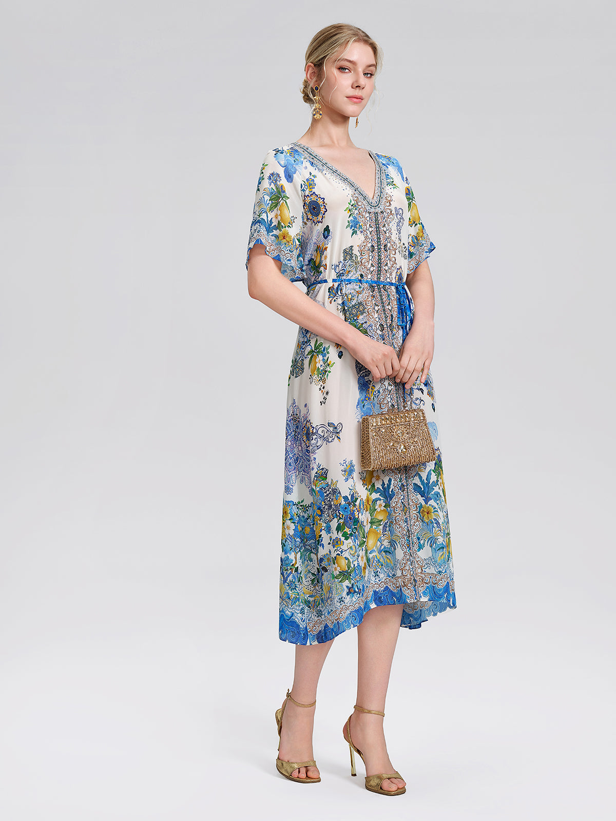 100% Silk Allover Print Rhinestone Dress (Waist Tie Included)